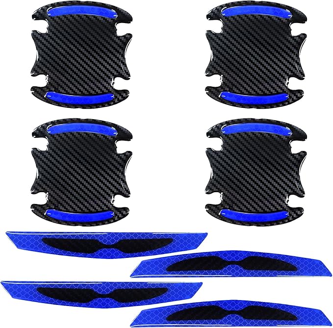 8PCS Car Door Handle Scratch Protector, 3D Carbon Fiber Car Door Handle Reflective Sticker Protective Film, Universal Auto Door Handle Scratch Paint Guard Night Visible Strip (Blue)
