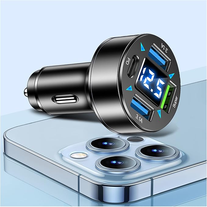 Fast Car Charger,4 Ports Cigarette Lighter USB Charger with LED Voltmeter,PD3.1/Super Port Car Charger Adapter Fast Charging,Compatible with iPhone/Android/Samsung Galaxy (PD/Super)