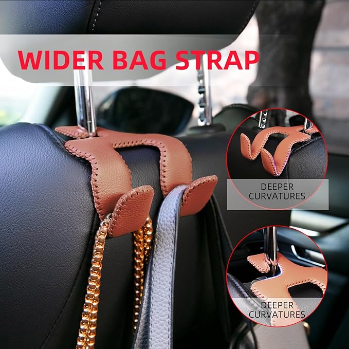 Headrest Hooks for Purses and Bags, Car Back Seat Organizer 2024 Upgraded 2 in 1 Durable Leather Hanger Holder Hook Car Interior Accessories,1-Pack,Brown