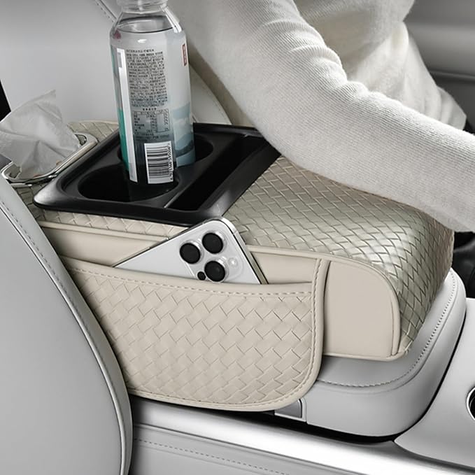 Car Armrest Cushion Cover Car Center Console Memory Foam Booster Pad with Storage Pocket and Tissue Hole for Sedan Vehicle (Cupholder - Coffee, 13.39 * 7.68 * 2.95'' / 34 * 19.5 * 7.5cm)