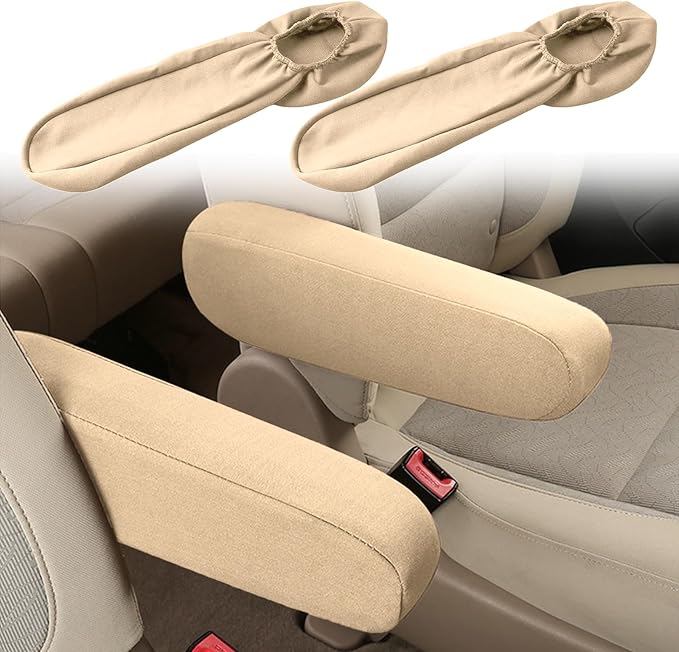 Smeyta 2PC Car Front Seat Armrest Covers,Universal Size Seat Arm Rest Cover,Flat Cloth Fabric Armrest Cover,Car Interior Accessories(Beige,1Pair)