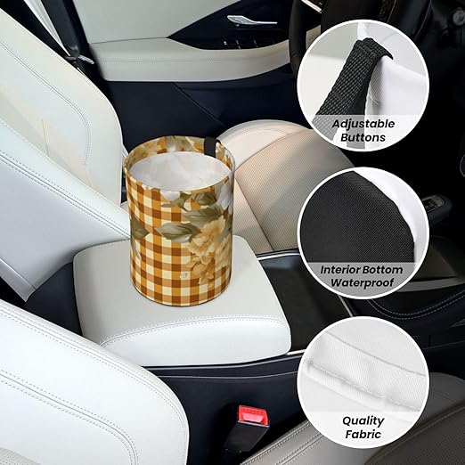 Car Trash Can Hanging, Yellow Checkered Daisy Waterproof Auto Garbage Bin Universal Vehicle Waste Container, 3.5L Capacity