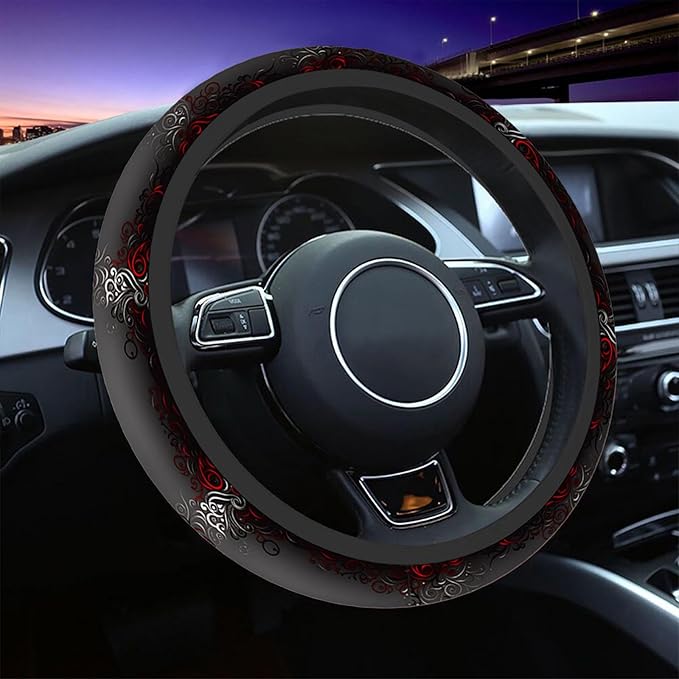 Swono Car Steering Wheel Covers Red Black Floral Beautiful Floral at The Border Creative Design Universal for Women Girls Soft Neoprene Anti-Slip Car Accessories for Most Sedan Van SUV