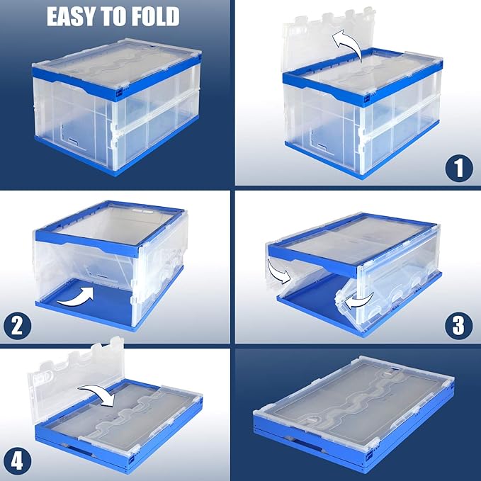 Mount-It! Collapsible Storage Bin with Attached Lid [65 Liter] Folding Crate, Durable Plastic Container, Trunk Storage, Box (23x15x13 Inches), Clear & Blue