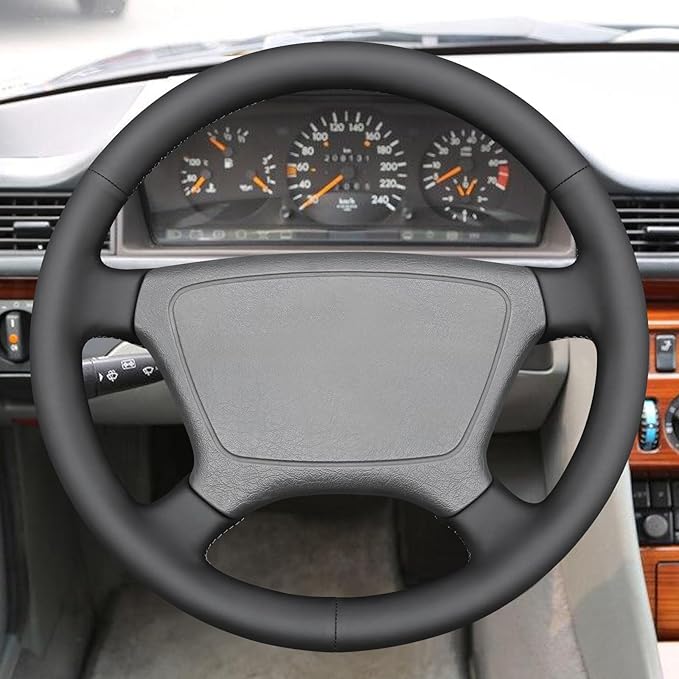 MEWANT Black Hand Stitch Steering Wheel Cover for C-Class W202 E-Class W210 W124 S-Class W140 1993-2000 Smooth Genuine Leather DIY Wrap Custom Fit Classic Car Interior Accessories