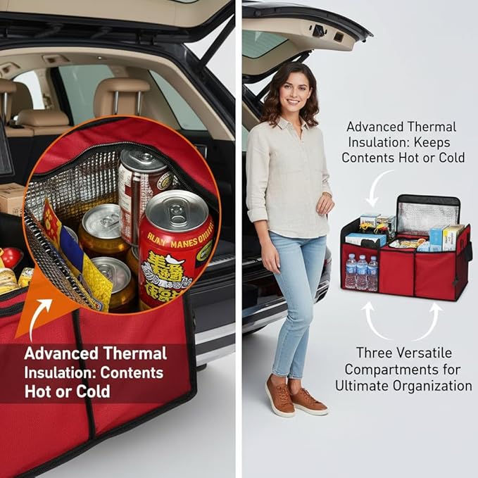 Vehicle Owners Red Collapsible Insulated Trunk Organizer 3-Compartment Car Cargo Storage Box Cooler for Groceries Camping & Road Trips All Season