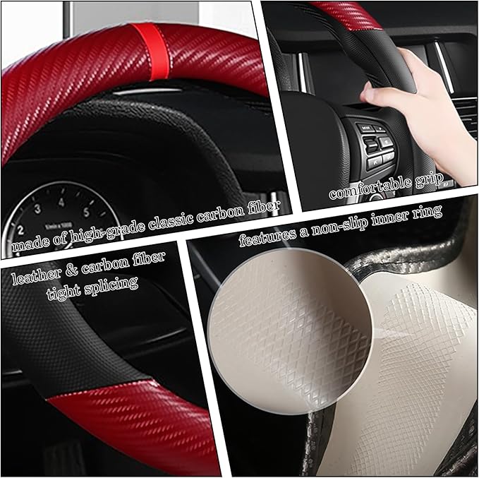 Black & Red Carbon Fiber Leather Steering Wheel Cover, Microfiber Leather, Anti-Slip, Breathable, Universal Fit for 14.5–15 in Steering Wheel Cover for Men Women