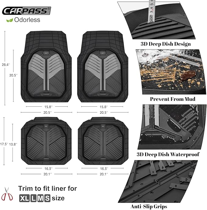 CAR PASS Heavy Duty Rubber Car Mats, Deep Dish Car Floor Mats All Weather, Car Mats Full Set 4-Piece Trim to Fit for Sedans SUVs Trucks, Waterproof Anti-Slip Automotive Mats, V12 Black and Gray