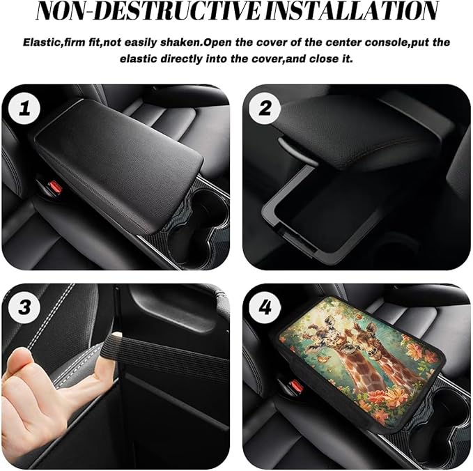 BIGCARJOB Personalized Armrest Cover for Car Center Console,Animal Giraffe Print Car Center Console Cover Automotive Car Armrest Cover Cushion with Side Pockets,Universal for Most Cars