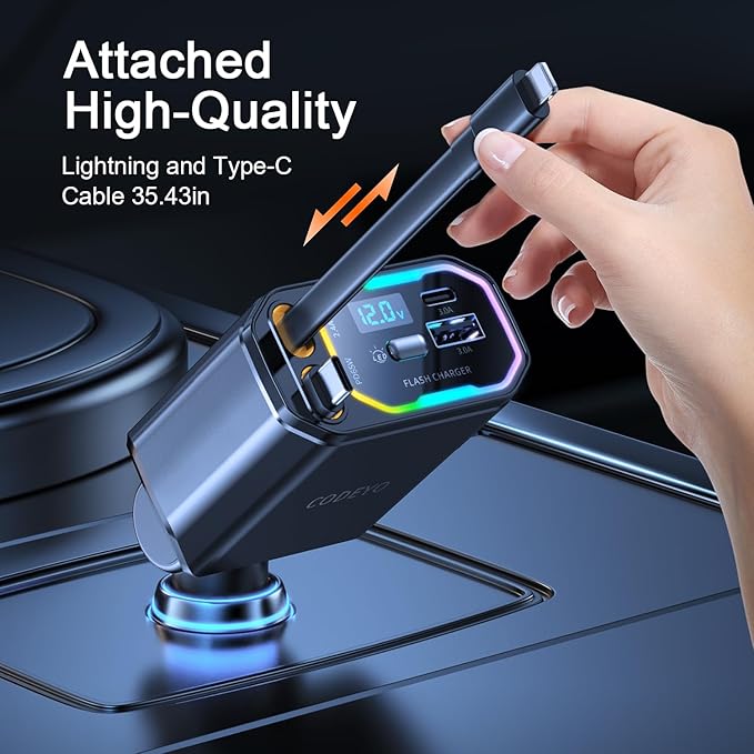 Retractable USB C Car Charger, 65W PD, 35.43 Inch Retractable Cord, RGB Light, For iPhone 12-16, Samsung, Pixel, MacBook