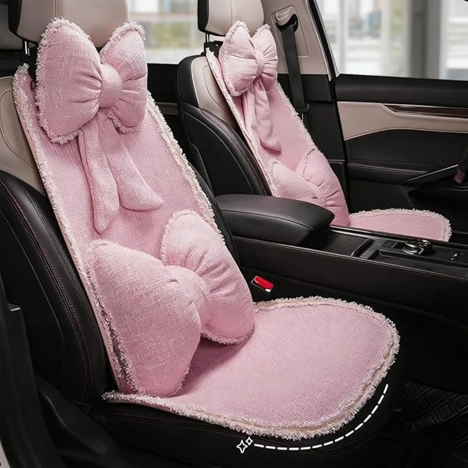 Cute Car Seat Cover for Women Include Butterfly Bow Headrest Pillow Lumbar Support Pillow and Car Front Seat Cushion and Back Cushion for Most Vehicles