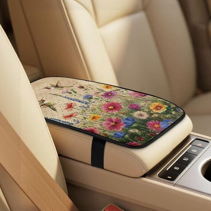 Qeluxign 5 Piece Car Seat Covers Set for Women Men Hummingbird Colorful Floral PU Leather Seat Covers Belt Pads and Armrest Cover Universal Fit Car Accessories