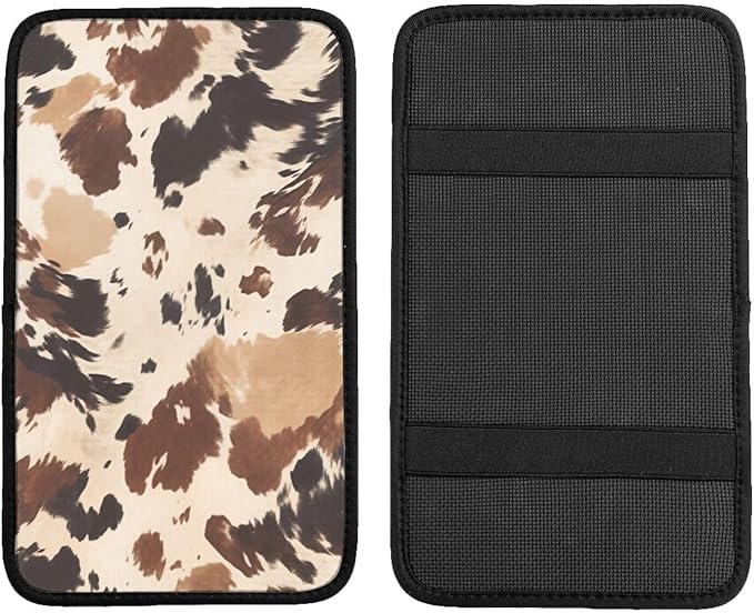 Universal Car Center Console Cushion Pad, Brown Cow Print Soft Waterproof Car Center Console Cover Auto Armrest Seat Box Cover Protector for Most Vehicle SUV Truck Car