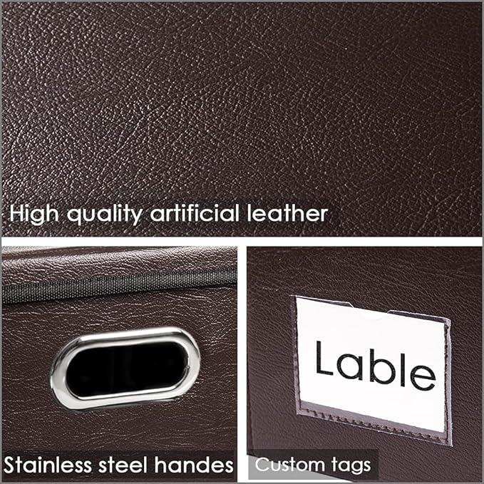 PRANDOM Foldable Storage Bins with Lids [5-Pack] Leather Fabric Collapsible Storage Boxes Organizer Containers Baskets Cube with Cover for Bedroom Closet Office Nursery Brown (14.9x10.8x10)