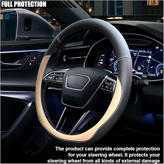 14.5"-15" Car Steering Wheel Cover, Microfiber Leather Cover, Anti-Slip Breathable Steering Wheel Decoration, Universal Steering Wheel Accessories for Diverse Cars (Beige)