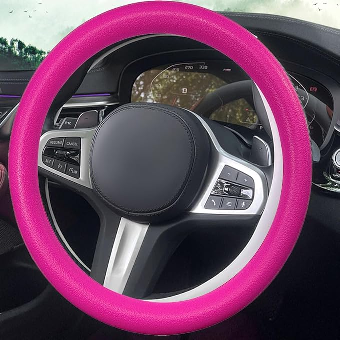 Car Steering Wheel Cover, Soft Odorless Silicone Steering Wheel Protector, Anti-Slip Auto Steering Wheel Cover Universal Fit 14 Inch, Vehicle Interior Accessories for Cars SUVs Trucks (Pink)