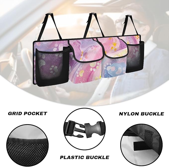CLOHOMIN Colorful Marble Print Trunk Organizer for Sedan SUV Van Cute Dog Paw Car Organizer Hanging Auto Cargo Storage with 4 Pockets Foldable Car Trunk Storage Bag Auto Interior Accessories
