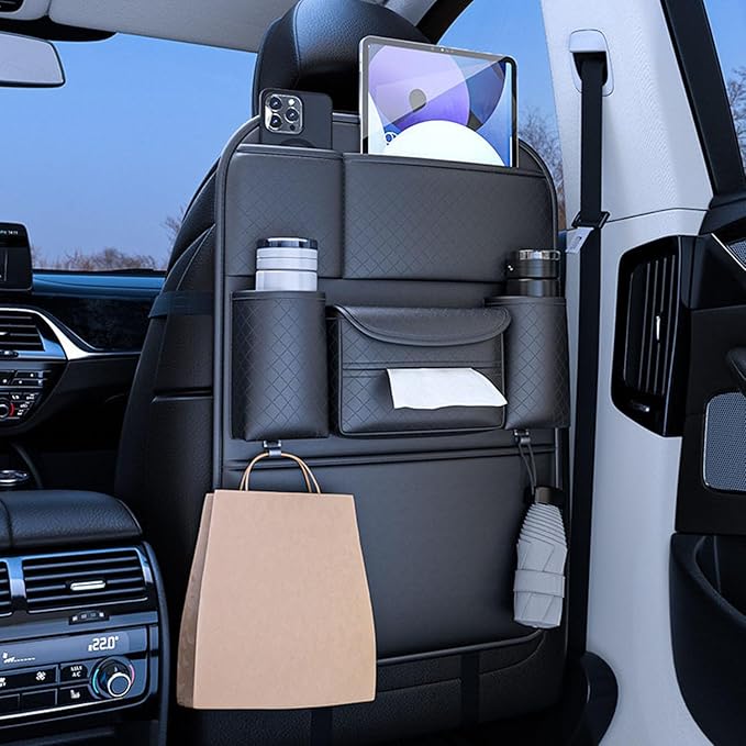 Car Seat Back Storage Bag for Ram ProMaster 2015-2025 2026 Back Seat Organizer with Cup Holder Tissue Box Kick Mat Protector Interior Accessories,portabotellas Doble Negro
