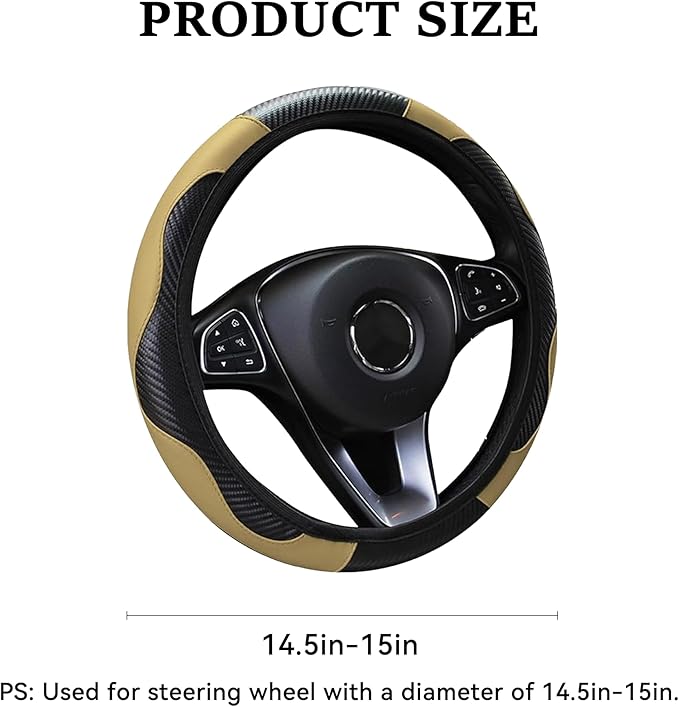 Car Steering Wheel Cover, 15 inch Carbon Fiber Microfiber PU Leather Elastic Steering Wheel Protector for Men Women,Universal Durable Car Decorative Fit for Most Cars, Trucks, SVU (Beige)