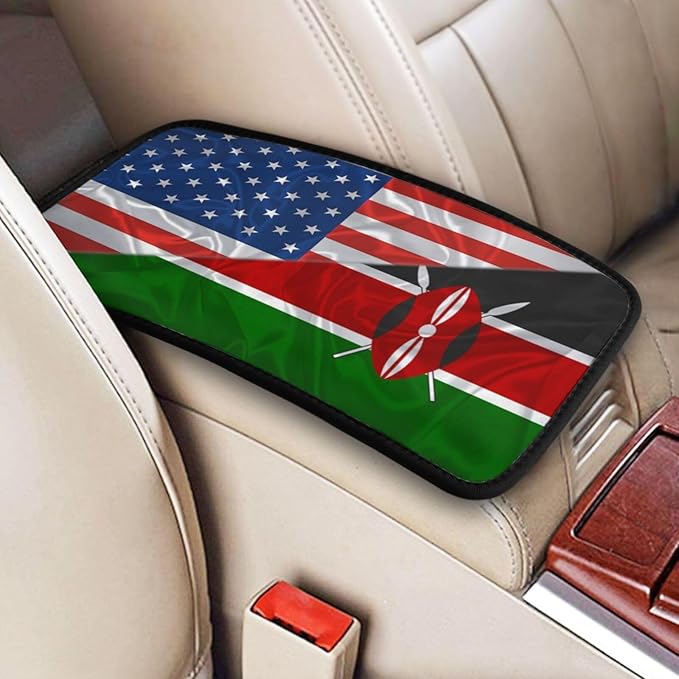 America and Kenyan Triangle Flag Car Armrest Pads Auto Seat Handrail Box Decoration Cushion Car Center Console Cover Pad Protector Universal Fit Most Cars Vehicles