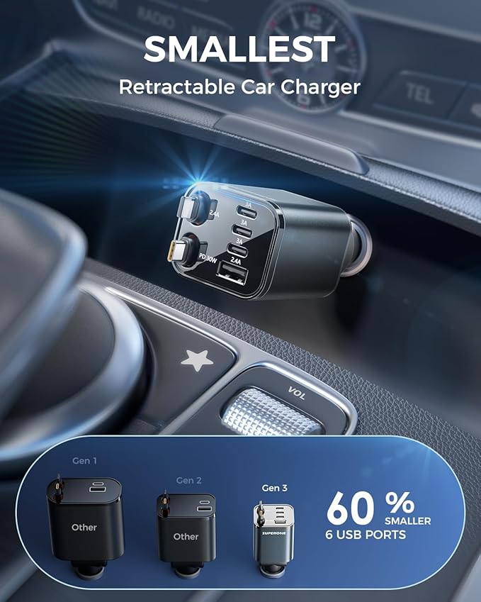 Upgraded SUPERONE Retractable Car Charger, [Ultra-Compact] 6-Port Car Charger USB C, iPhone Car Chargers Fast Charging with USB C & Apple Cable, Car Charger Adapter for iPhone 17/16/15/14/13/12