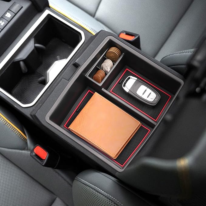 Coleya 2024 2025 2026 Tacoma Center Console Organizer for Toyota Tacoma (All Trims), Durable ABS Plastic&Anti-slip Rubber Console Tray Glove Insert 2026 2025 Tacoma Accessories (with Red Mats)