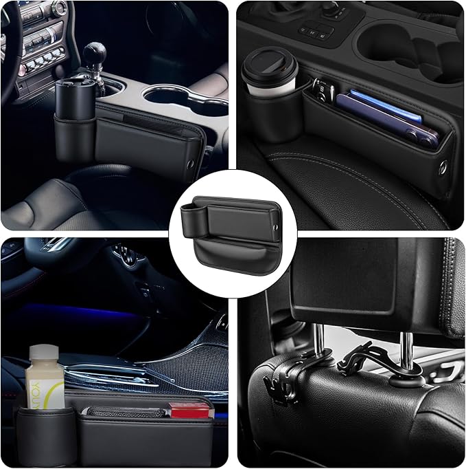 2 Pcs Car Seat Gap Filler Organizer with 2 Hooks, Left & Right Side Storage Box for Phones, Keys, Sunglasses, Keeps Cabin Organized & Prevents Items from Dropping.