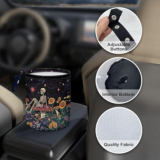 Brosoneto Skull Mushroom Floral Car Trash Can Collapsible Trash Can Rubbish Bin Garbage Bin Decoration Car Interior Easy to Clean for Car SUV Trucks