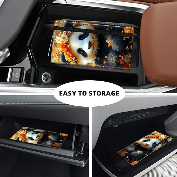 Tudguiloae Car Registration and Insurance Card Holder, Trunk Document Holder Organizer, Essential Vehicle Glove Box Organizer PU Leather Wallet for Driver,Panda with Flower Crown