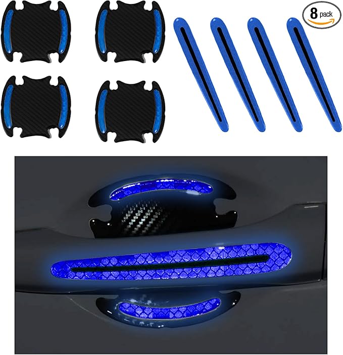Augeny 8 PCS Car Door Handle Protector Reflective Stickers, Universal 3D Carbon Fiber Auto Door Handle Paint Guard, Anti-Scratch Car Door Bowl Protective Film for Most Cars (Blue)