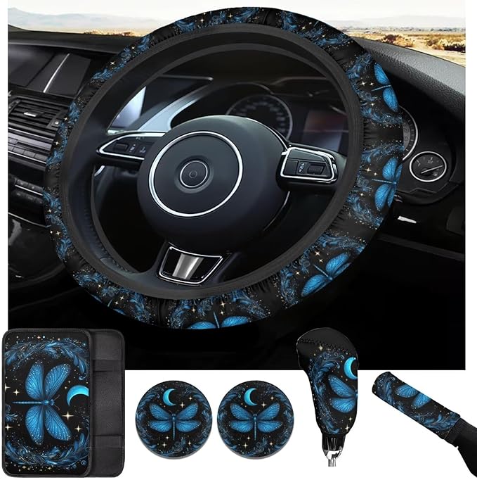 Blue Dragonfly Steering Wheel Cover Men Women 6pcs Funny Car Interior Decor Cup Coaster Handbrake Cover Suit for Most Cars Truck Vans SUV