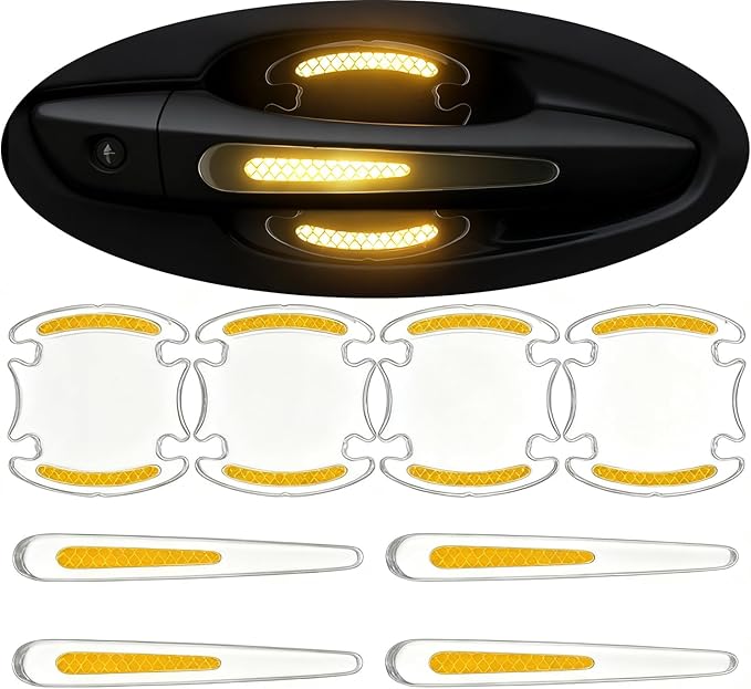 8pcs Clear Car Door Handle Scratch Protector，Clear-Transparent & 3D Carbon Fiber-Marking,Anti Scratch,Universal Auto Door Handle Anti Scratch Cover Guard (Yellow)