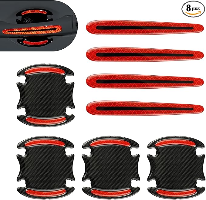 8 PCS Car Door Handle Protector Sticker, PVC Carbon Fiber Reflective Door Bowl & Handle Decoration Decal, Anti-Scratch Car Handles Sticker, Universal for Most Cars (Red)