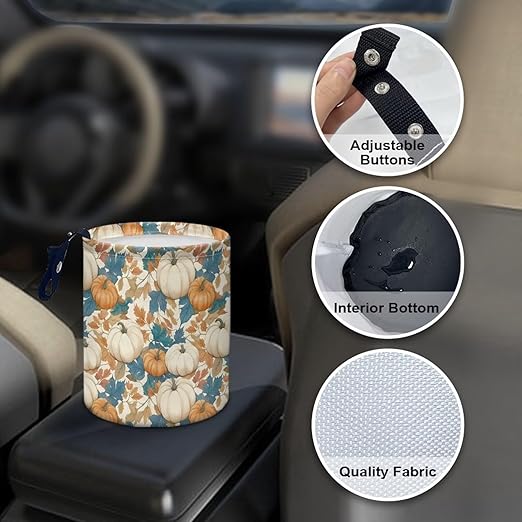White Pumpkins Trash Can for Car Auto Garbage Can for Back Seat Leak Proof with Adjustable Buttons Car Accessories for Women Interior