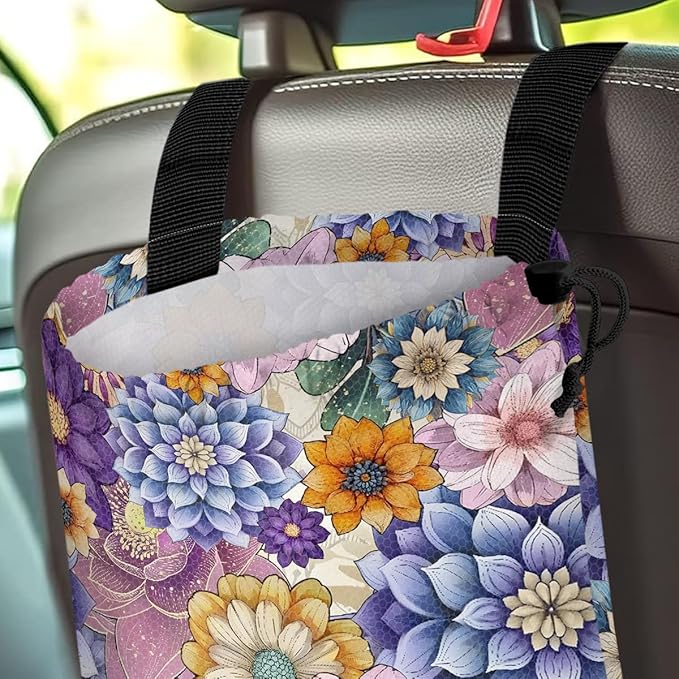 GEGEPINK Car Trash Bag Hanging Back of Seat Waterproof Small Cute Printed One-Handed Strap Drawstring Garbage Bags for Car-Purple Boho Floral