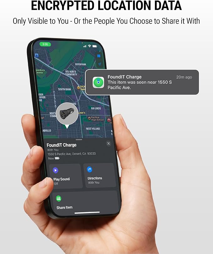 Scosche FoundIT Charge 32W Car Charger, Multi-Port Cigarette Lighter Adapter with 20W USB-C Fast Charging & 12W USB-A Port, Built-in Locator Compatible with Apple Find My & Android Find Hub