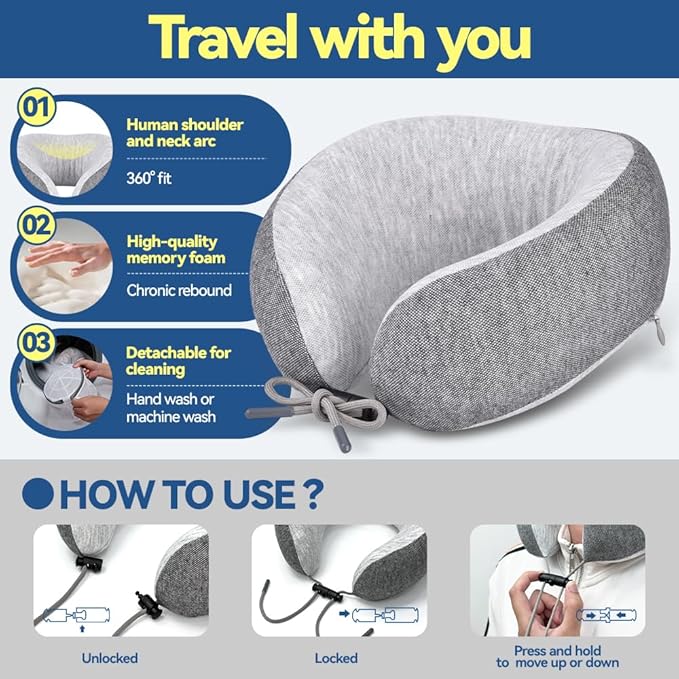 Letumalos Memory Foam Neck Pillow for Travel Adjustable Airplane Pillow 100 Percent Memory Foam Ergonomic Support for Sleeping on Flights Cars Office Home Use for Adults Men Women