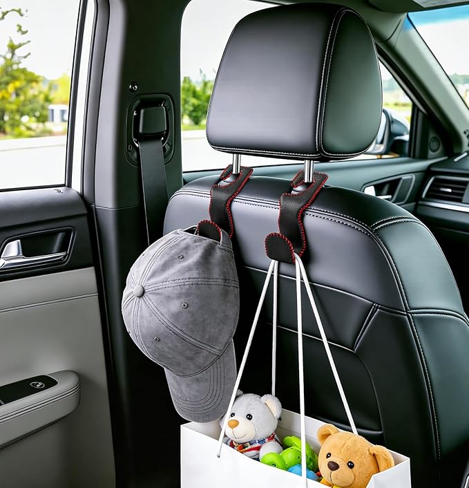 Car Seat Hooks for Purses and Bags, 4 Pack Car Purse Holder for Grocery Bag Handbag Clothes, Metal Headrest Hooks Covered by Leather, Black Red