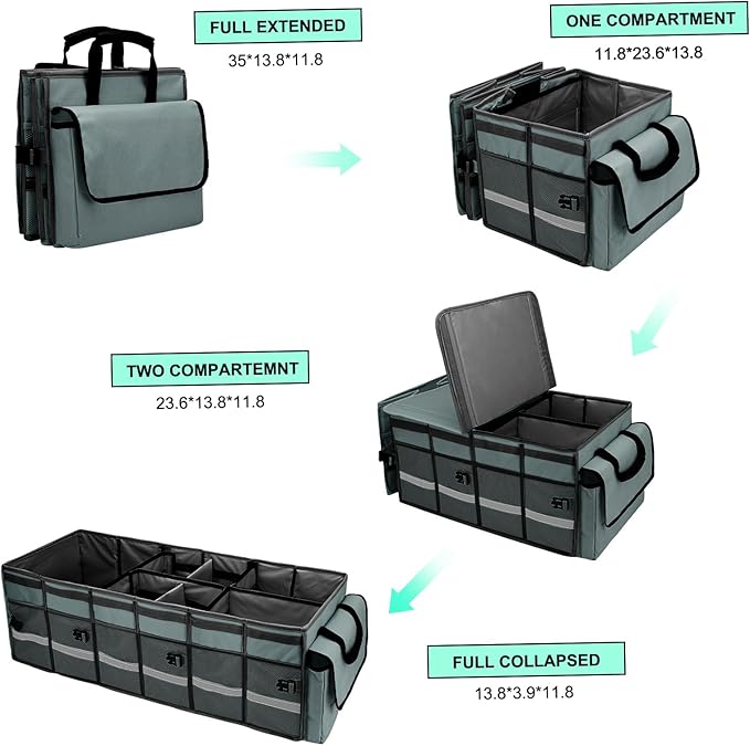 GDNasist Car Trunk Organizer and Storage with Removable Leakproof Cooler Bag, 6 Removable Dividers for Custom Space, Collapsible Trunk Storage with Non Slip Bottom, Foldable Cover for SUV, Jeep, MPVs
