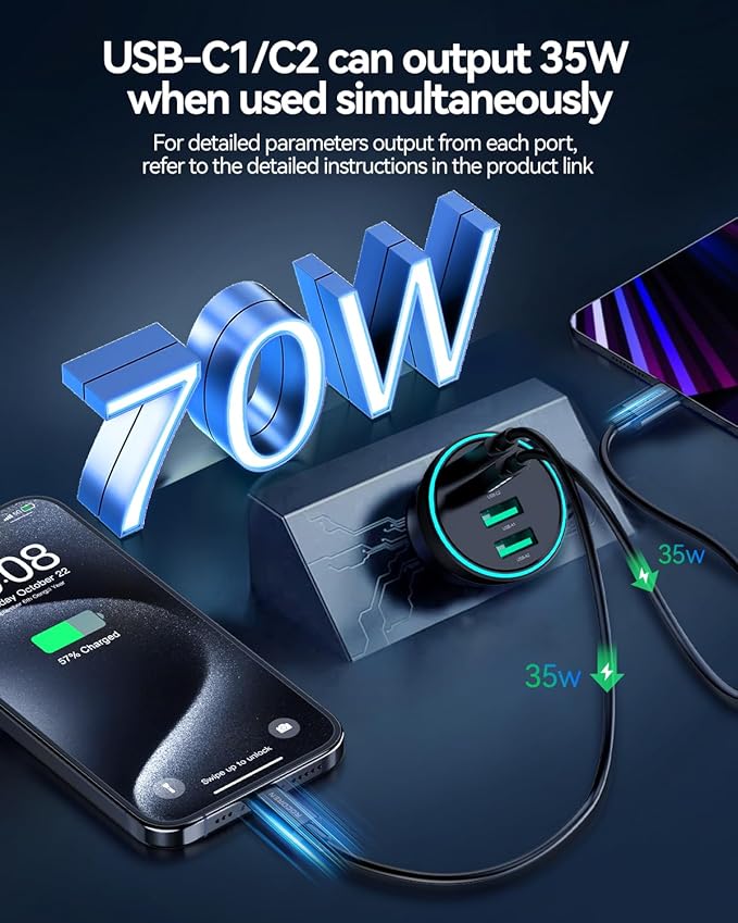 70W USB C Car Charger, Rocoren 4-Port PD Super Fast Charging Type C Car Charger for Multiple Devices, Cigarette Lighter Adapter, USBC Phone Adapter for iPhone 17/17 Air/16/15 Pro Max,Samsung S25,Piexl