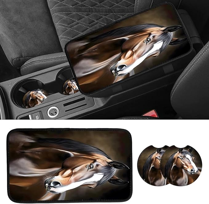 JANENFNA Car Armrest Cover Pads Universal Fashion Cute Auto Center Console Armrest Cover Pad with 2PCS Car Coasters Soft Waterproof Car Armrest Seat Protector for Women,Cute Horse Pattern