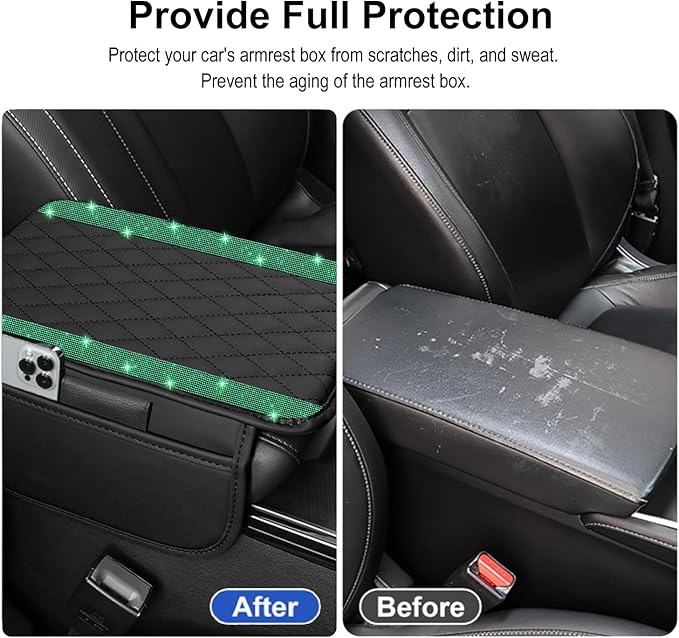 Bling Car Center Console Cover, Leather Car Arm Rest Cover Cushion with 2 Storage Bags, Universal Auto Armrest Protector Storage Box, Bling Accessories Interior for Most Vehicles (Green Diamond)