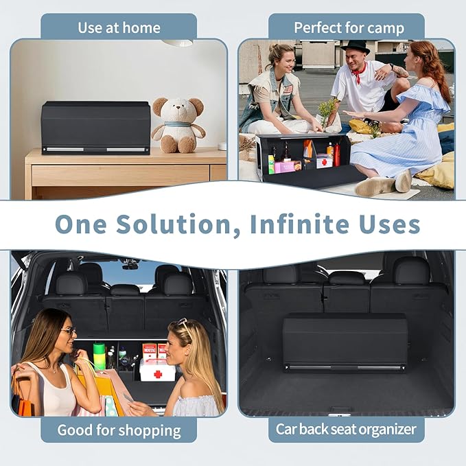 Trunk Organizer for SUV, Leather Collapsible Car Organizers with Magnetic Lid & Sturdy Handle, Waterproof Car Trunk Storage Box for Sedan Minivans Fits Travel, Camping (Black 27.5''*11.4 ''* 12.2'')