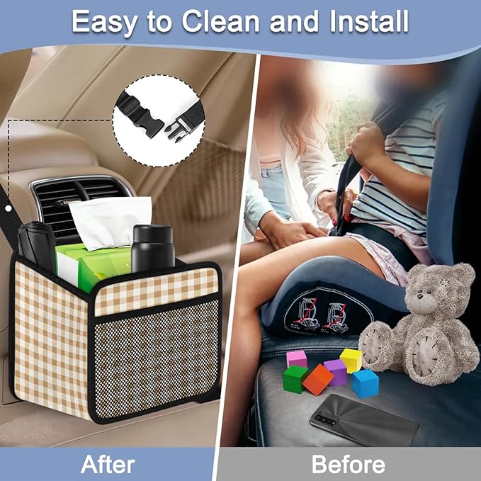 Gingham Light Brown Car Backseat Organizer PU Leather Truck Back Seat Trash Bag Universal Hanging Storage Box Travel Accessories Foldable