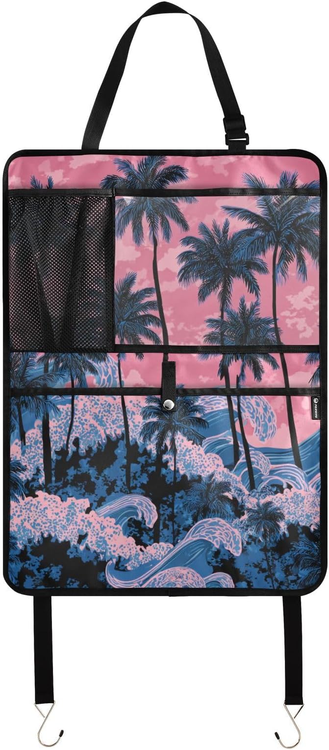 2 Pack Back Seat Car Organizer with Storage Pockets Kick Mats Back Seat Protector Hanging Car Organizer Automotive Seat Back Cover Organizers Palm Tree Wave Pink