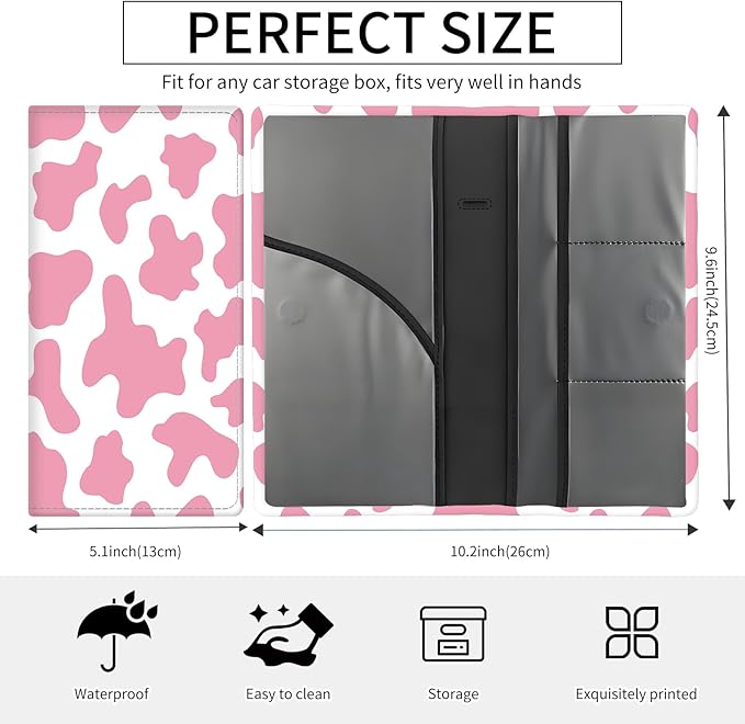 BAUCIWLD Premium Car Registration and Insurance Card Holder, Cute PU Leather Car Document Holder, Vehicle Glove Box Car Organizer with Magnetic Closure for Driver License, Cards Pink Cow Print