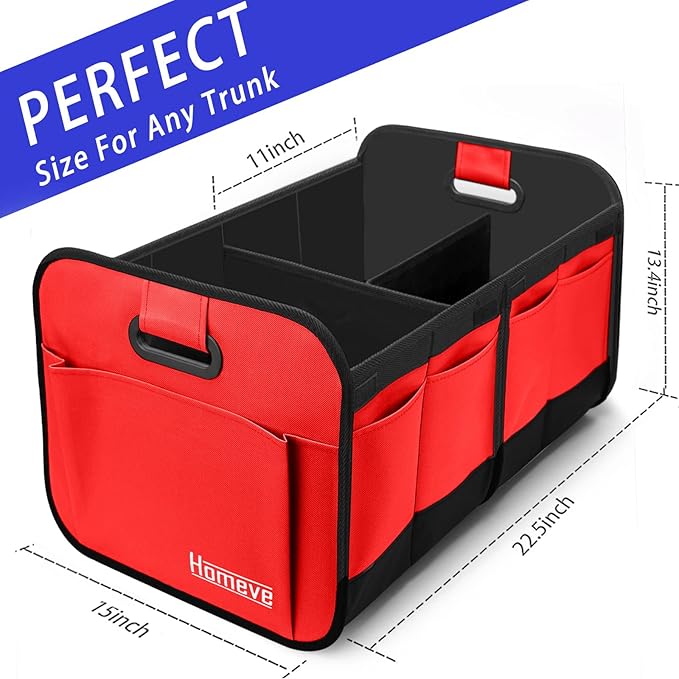 Homeve Trunk Organizer, Car Storage, Reinforced Handles, Collapsible Multi-Compartment, Foldable, Waterproof, Sturdy, 600D Oxford Polyester For Car, SUV, Mini-Van, Red, 2 Compart | Collapsible, Reinforced Handles, Foldable, Waterproof, Suitable for Any...