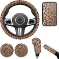 Leopard Print Car Steering Wheel Cover 6pcs Brown Cute Car Accessories Handbrake Cover Cup Coaster Suit for Most Cars Truck Vans SUV