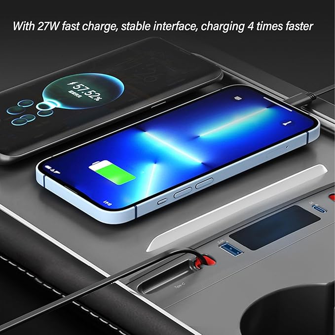 Astibym Car USB Hub 27W Fast Charging with 2 Cables Center Console Docking Station Replacement for Tesla Model 3 Y 2021 to 2023