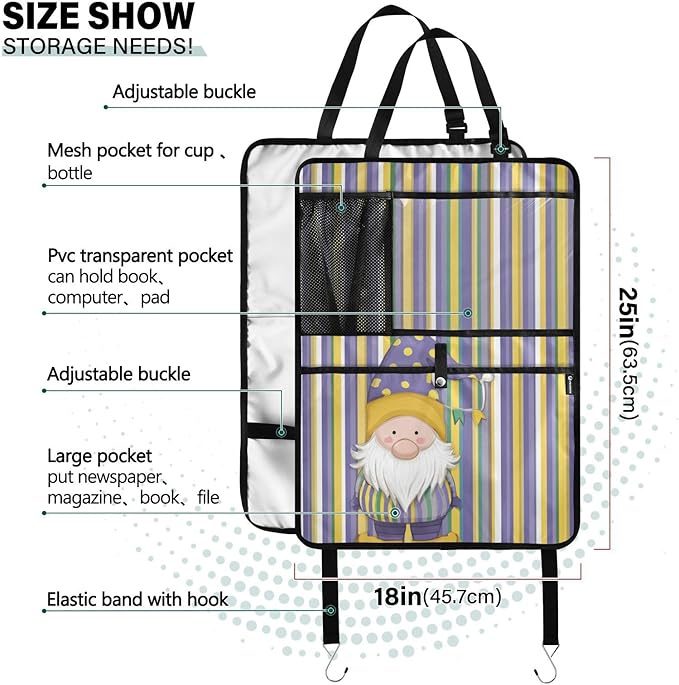 2 Pack Back Seat Car Organizer with Storage Pockets Kick Mats Back Seat Protector Hanging Car Organizer Automotive Seat Back Cover Organizers Stripe Mardi Gras Gnome